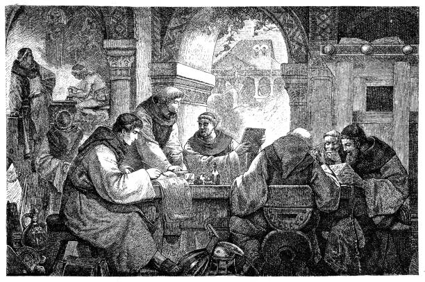 Science in a medieval monastery illustration of a Science in a medieval monastery monastery stock illustrations