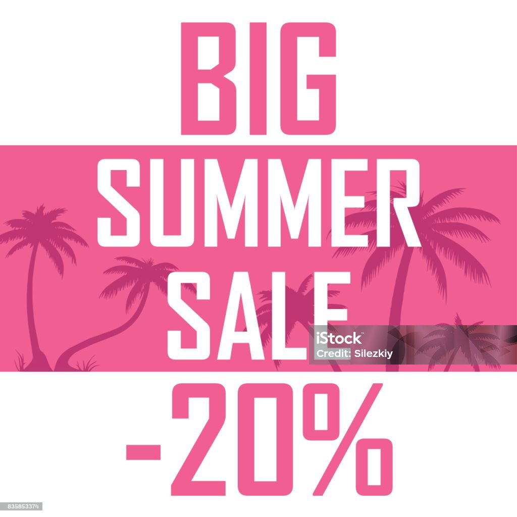 A big summer sale, palms on a pink background with a discount of twenty percent. Cheap, sell, offer Icon of beautiful palm trees on a pink background with the inscription of a great summer sale Advertisement stock vector