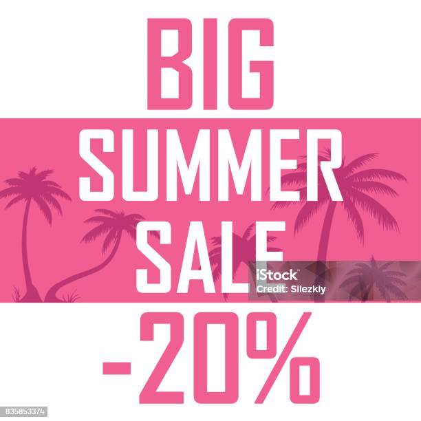 A Big Summer Sale Palms On A Pink Background With A Discount Of Twenty Percent Cheap Sell Offer Stock Illustration - Download Image Now