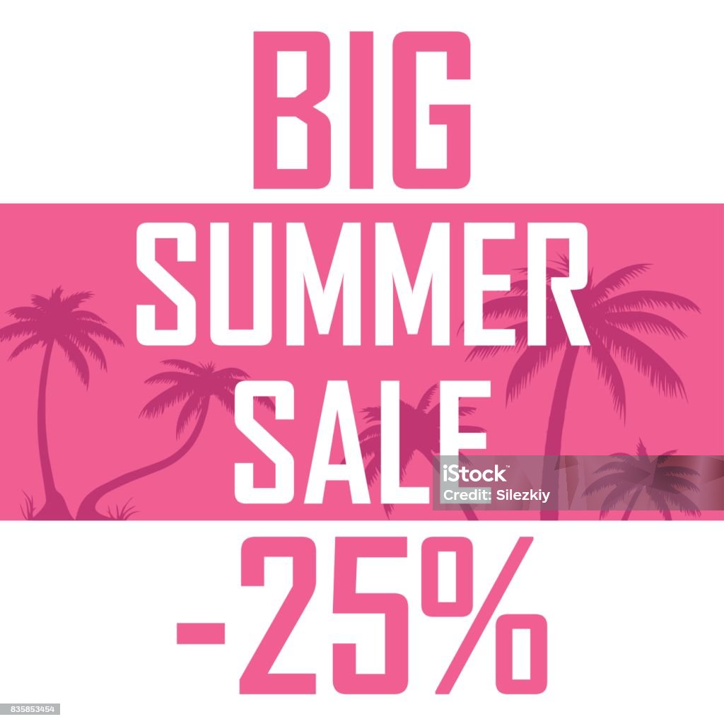 A big summer sale, palms on a pink background with a discount of twenty five percent. Cheap, sell, offer Banner of beautiful palm trees on a pink background with the inscription of a great summer sale Advertisement stock vector