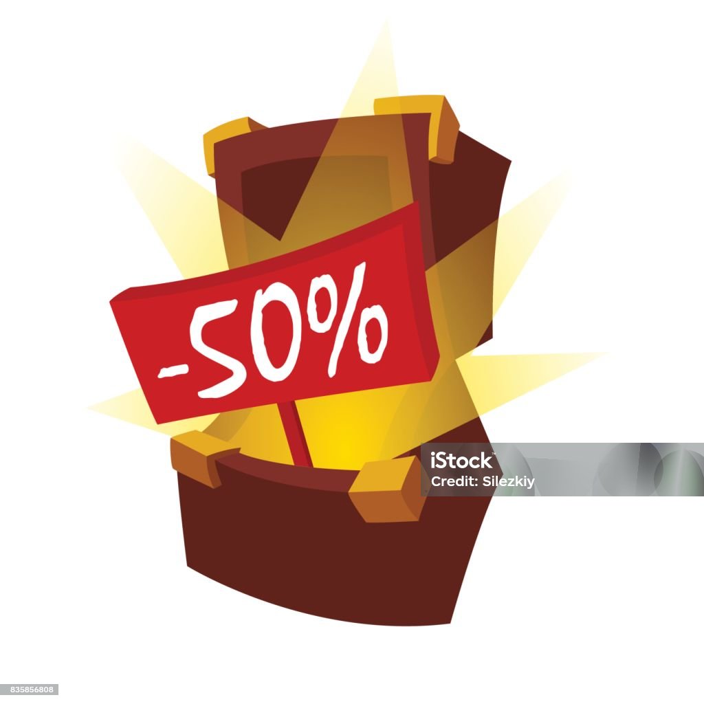 Discount trunk. An open chest with treasures from which a red plaque with an inscription minus fifty percent sticks out. Sale, cheap, discount Illustration of a small brown chest with gold shining on a white background from which a red plaque sticks out Advertisement stock vector