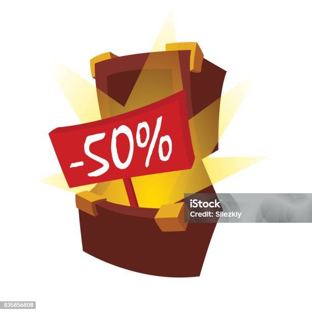 Discount Trunk An Open Chest With Treasures From Which A Red Plaque With An Inscription Minus Fifty Percent Sticks Out Sale Cheap Discount Stock Illustration - Download Image Now