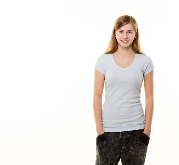 Young woman posing on white background.