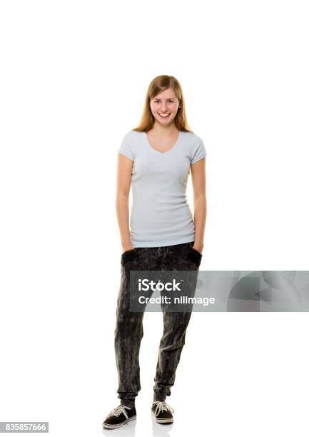 Young Woman Posing On White Background Stock Photo - Download Image Now - Full Length, Teenage Girls, Teenager