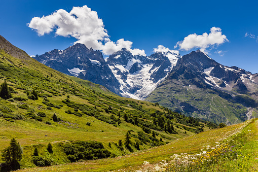 Ecrins National Parc mountain peaks and glaciers in summer. Glacier du Lautaret and Glacier de l'Homme. La Meije, Southern French Alps, Hautes-Alpes. France
