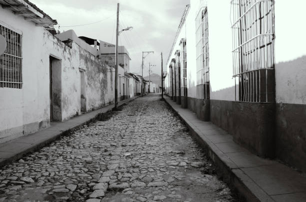 Trinidad Houses in the Street (Black and White) stock photo