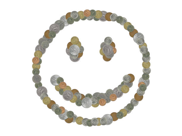 istock Smiley face emoji with old coins on white background 835872350