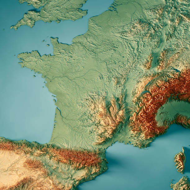 France Country 3D Render Topographic Map 3D Render of a Topographic Map of France.
All source data is in the public domain.
Color texture: Made with Natural Earth. 
http://www.naturalearthdata.com/downloads/10m-raster-data/10m-cross-blend-hypso/
Relief texture and Rivers: SRTM data courtesy of USGS. URL of source image: 
https://e4ftl01.cr.usgs.gov//MODV6_Dal_D/SRTM/SRTMGL1.003/2000.02.11/
Water texture: SRTM Water Body SWDB:
https://dds.cr.usgs.gov/srtm/version2_1/SWBD/ ardennes department france stock pictures, royalty-free photos & images