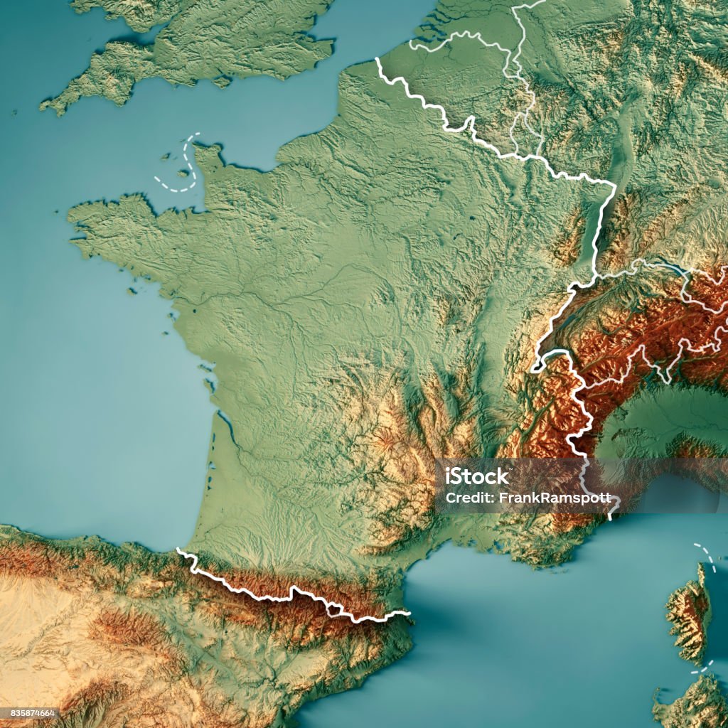 France Country 3D Render Topographic Map Border 3D Render of a Topographic Map of France.
All source data is in the public domain.
Color texture: Made with Natural Earth. 
http://www.naturalearthdata.com/downloads/10m-raster-data/10m-cross-blend-hypso/
Boundaries Level 0: Humanitarian Information Unit HIU, U.S. Department of State (database: LSIB)
http://geonode.state.gov/layers/geonode%3ALSIB7a_Gen
Relief texture and Rivers: SRTM data courtesy of USGS. URL of source image: 
https://e4ftl01.cr.usgs.gov//MODV6_Dal_D/SRTM/SRTMGL1.003/2000.02.11/
Water texture: SRTM Water Body SWDB:
https://dds.cr.usgs.gov/srtm/version2_1/SWBD/ France Stock Photo