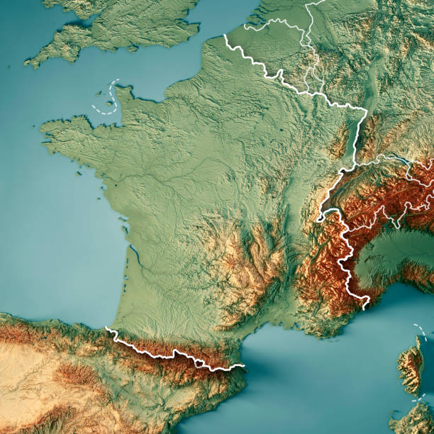 France Country 3D Render Topographic Map Border 3D Render of a Topographic Map of France.
All source data is in the public domain.
Color texture: Made with Natural Earth. 
http://www.naturalearthdata.com/downloads/10m-raster-data/10m-cross-blend-hypso/
Boundaries Level 0: Humanitarian Information Unit HIU, U.S. Department of State (database: LSIB)
http://geonode.state.gov/layers/geonode%3ALSIB7a_Gen
Relief texture and Rivers: SRTM data courtesy of USGS. URL of source image: 
https://e4ftl01.cr.usgs.gov//MODV6_Dal_D/SRTM/SRTMGL1.003/2000.02.11/
Water texture: SRTM Water Body SWDB:
https://dds.cr.usgs.gov/srtm/version2_1/SWBD/ ardennes department france stock pictures, royalty-free photos & images