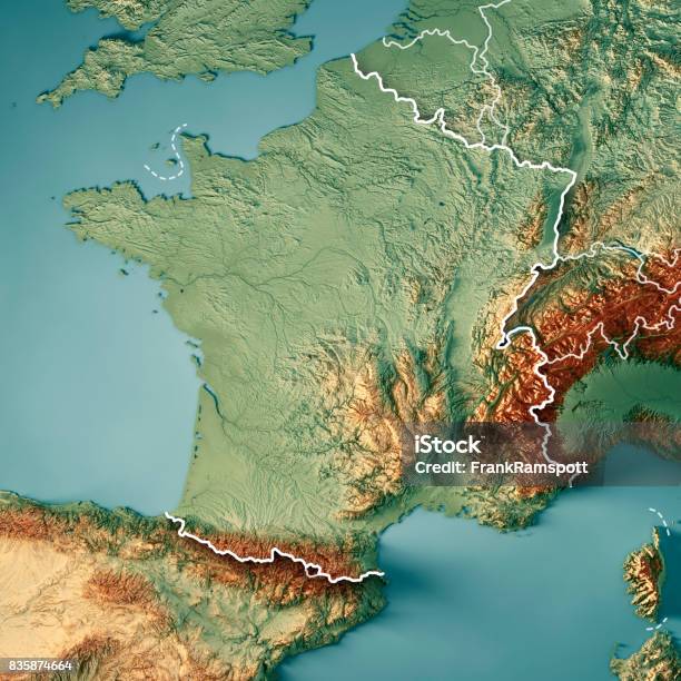 France Country 3d Render Topographic Map Border Stock Photo - Download Image Now - France, Map, Topography