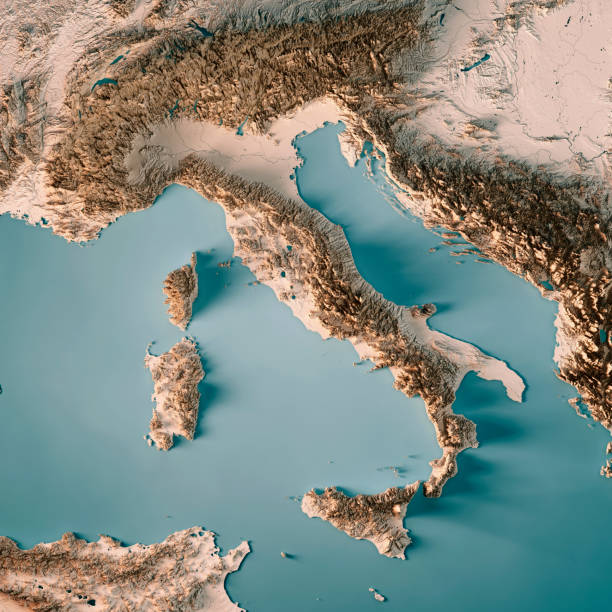 italie pays rendu 3d carte topographique neutre - pays zone géographique photos et images de collection