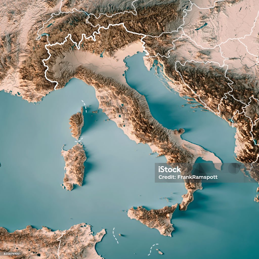 イタリア中立的な国境 3 D のレンダリングの地形図 - イタリアのロイヤリティフリーストックフォト