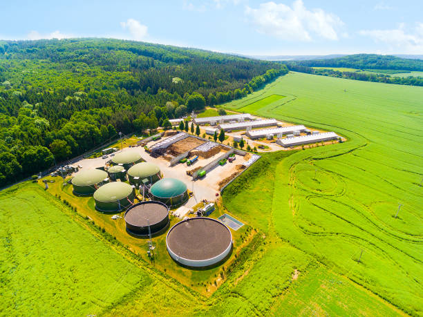 biogasanlage und bauernhof in grünen feldern. - biomasse erneuerbarkeit fotos stock-fotos und bilder