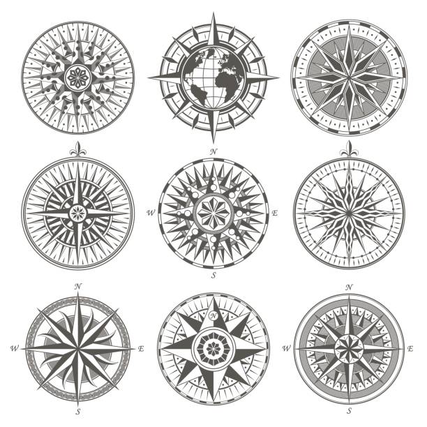 빈티지 골동품 바람 로즈 항해 나침반의 서명 라벨 엠 블 럼 요소 - compass exploration map globe stock illustrations