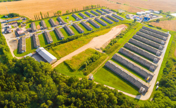 istock Biogas plant and farm in green fields. 835884832