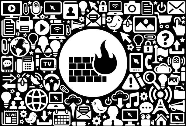 illustrations, cliparts, dessins animés et icônes de pare-feu, noir et blanc icône internet technology background - computer icon black and white flame symbol