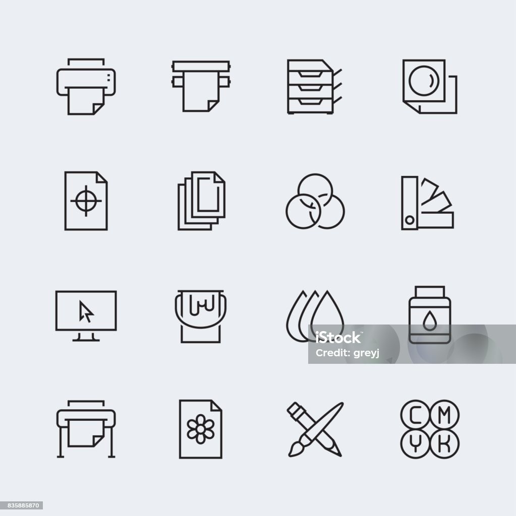 Printing vector icon set in thin line style Icon Symbol stock vector