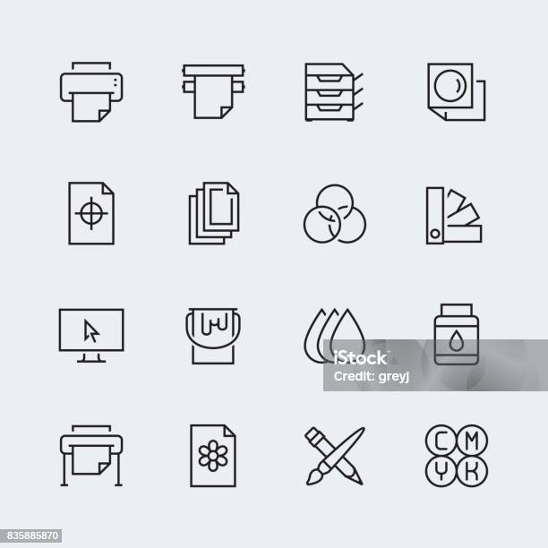 Printing Vector Icon Set In Thin Line Style Stock Illustration - Download Image Now - Icon Symbol, Ink, Printmaking Technique