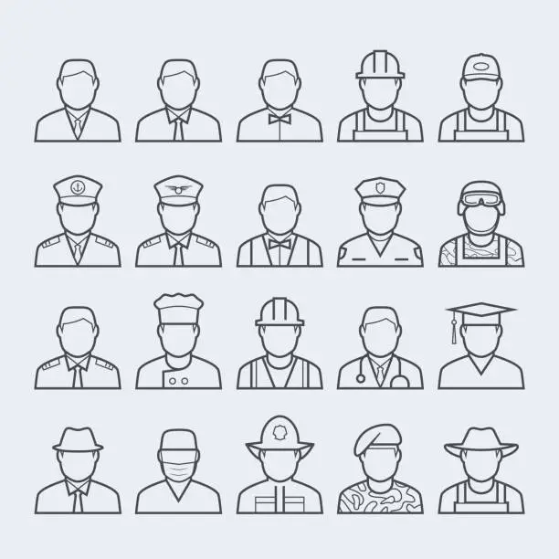 Vector illustration of People professions and occupations icon set in thin line style #1