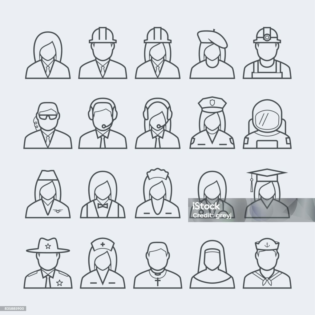 Icono de profesiones y ocupaciones de las personas, en estilo de línea fina #2 - arte vectorial de Ingeniero libre de derechos