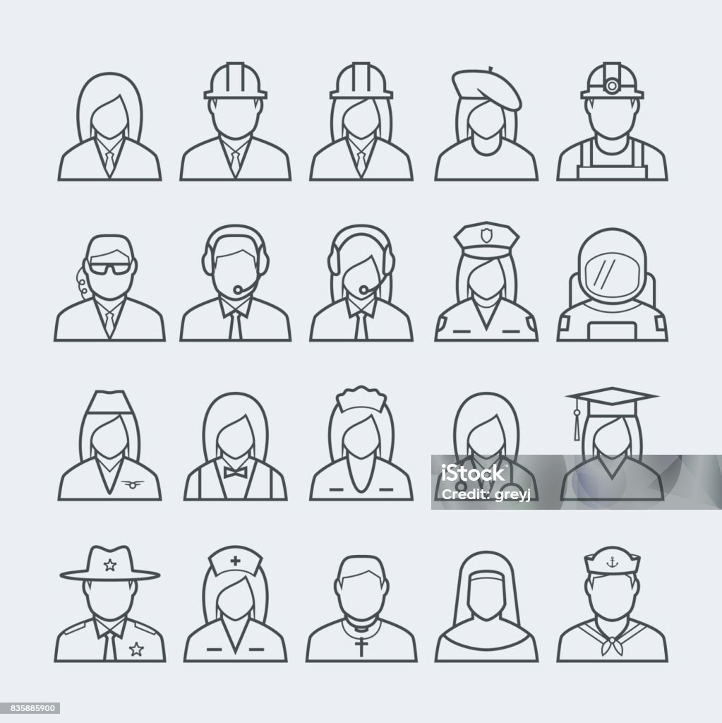 People professions and occupations icon set in thin line style #2 Engineer stock vector