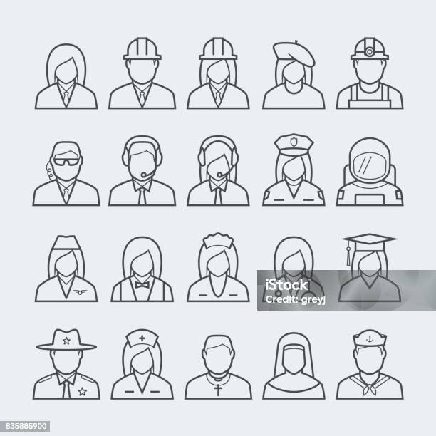 People Professions And Occupations Icon Set In Thin Line Style 2 Stock Illustration - Download Image Now