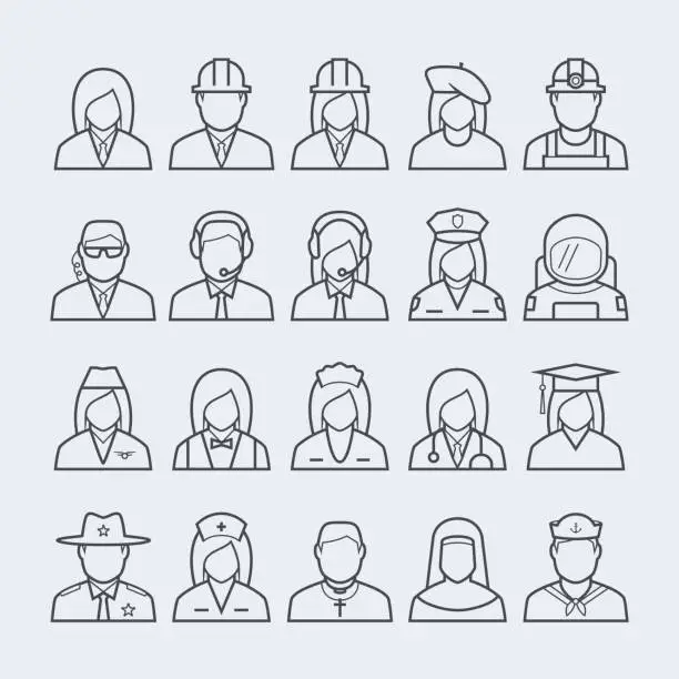 Vector illustration of People professions and occupations icon set in thin line style #2