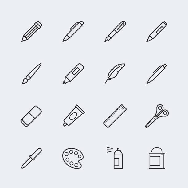 zeichnen und schreiben werkzeug-symbol legen sie in dünne linienstil - ruler ballpoint pen pen isolated stock-grafiken, -clipart, -cartoons und -symbole