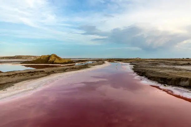 Red Salt lake at Salin de Aigues-Mortes in the Camargue, France