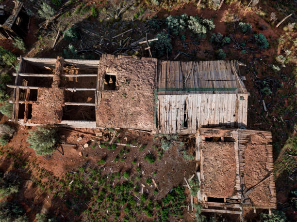 istock Old Abandoned Homestead Cabins Aerial from Above 835896928