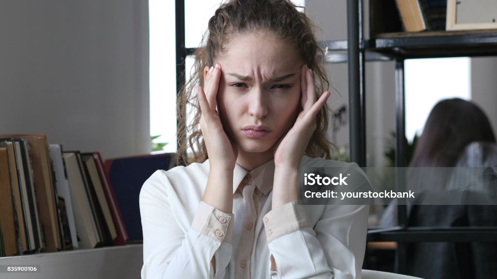 Headache, Frustrated Depressed Woman, Office Acting - Performance Stock Photo
