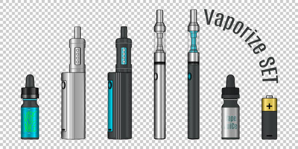 Vaporize set, E-cigarette tools Vaporize set, E-cigarette tools, vape juice vector illustration coil tubing stock illustrations