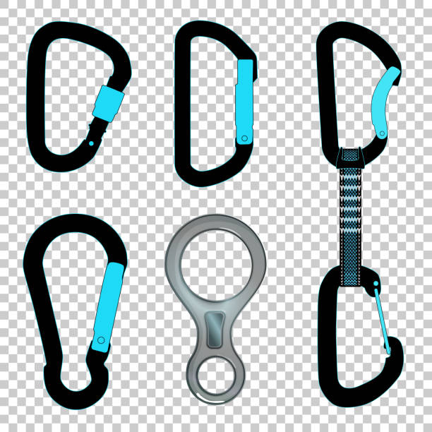 Climbing carabiners set quickdraw and figure eight descender Climbing carabiners set quickdraw and figure eight descender on transparent background carabiner stock illustrations