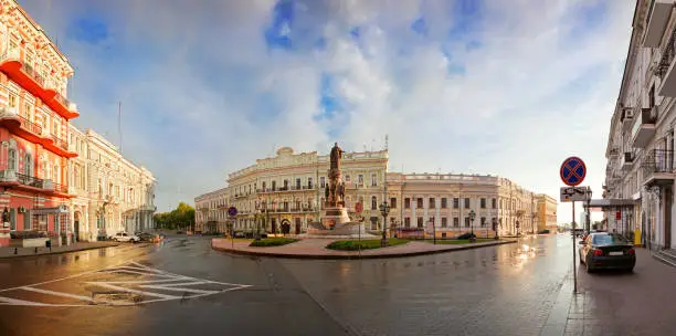 Panoramic view of Ekaterininskaya Square in Odessa at sunrise, Ukraine.
