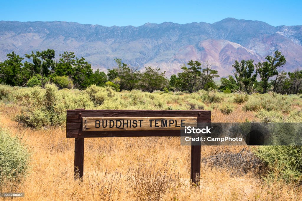 Buddhist temple site Sign marking where a Buddhist temple was at the Japanese internment camp of Manzanar near Lone Pinr, California. Arid Climate Stock Photo