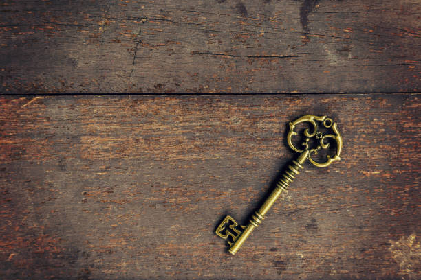 istock Old vintage key on wood texture background with space 835919248