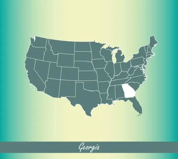 Vector illustration of Georgia map vector outline illustration highlighted in United States map vector blue background