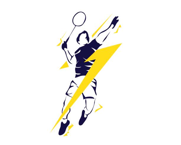 moderne leidenschaftliche badminton-spieler in aktion - federball stock-grafiken, -clipart, -cartoons und -symbole