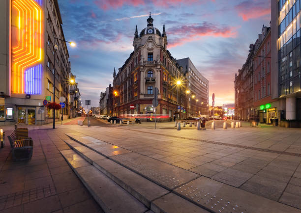 Central square of Katowice in dramatic sunset. stock photo