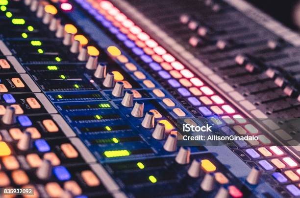 Close Up On Illuminated Sound Table Stock Photo - Download Image Now - Noise, Table, Electric Mixer