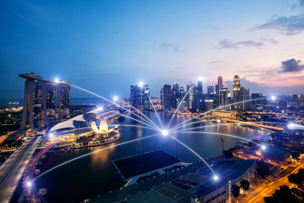 Network business connection system on Singapore smart city scape in background.Network business connection concept