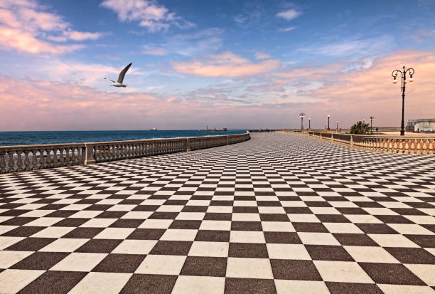Promenade of Livorno, Tuscany, Italy Leghorn (Livorno), Tuscany, Italy:  promenade Mascagni Terrace at dawn, a picturesque seashore on the Ligurian sea with black and white checkered pavement and columned bannister livorno stock pictures, royalty-free photos & images
