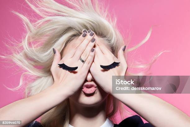 Girl With Closed Eyes Painted On Hands Stock Photo - Download Image Now - Eyelash, Beauty, Women