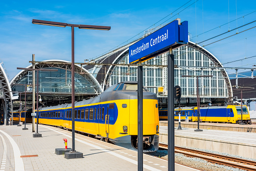 Trains Stationed on Amsterdam Central Railway Station, The Netherlands.