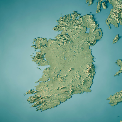 3D Render of a Topographic Map of the Republic of Ireland.
All source data is in the public domain.
Color texture: Made with Natural Earth. 
http://www.naturalearthdata.com/downloads/10m-raster-data/10m-cross-blend-hypso/
Relief texture and Rivers: SRTM data courtesy of USGS. URL of source image: 
https://e4ftl01.cr.usgs.gov//MODV6_Dal_D/SRTM/SRTMGL1.003/2000.02.11/
Water texture: SRTM Water Body SWDB:
https://dds.cr.usgs.gov/srtm/version2_1/SWBD/
