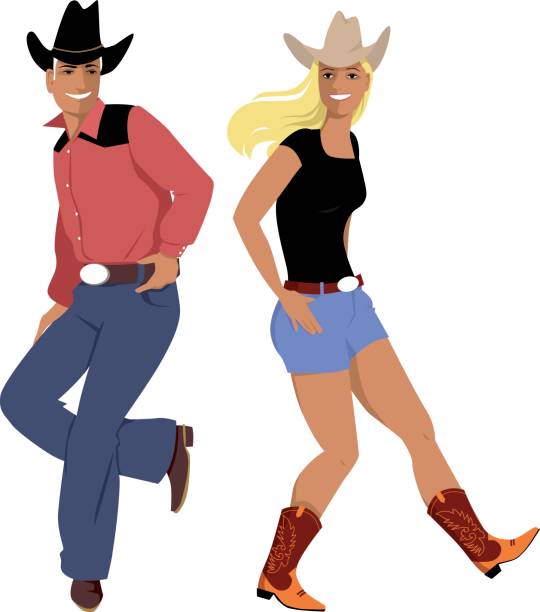 Line dancers Couple dressed in traditional country western clothes dancing line dance, EPS 8 vector illustration line dance stock illustrations