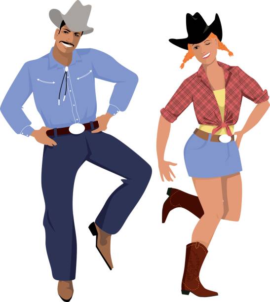 Line dancers Couple dressed in traditional country western clothes dancing line dance, EPS 8 vector illustration line dance stock illustrations