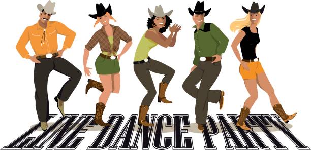 Line dance party Group of cowboys ans cowgirls in western country clothes dancing line dance, EPS 8 vector illustration line dance stock illustrations