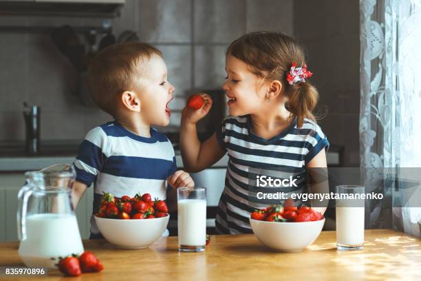 Happy Children Brother And Sister Eating Strawberries With Milk Stock Photo - Download Image Now